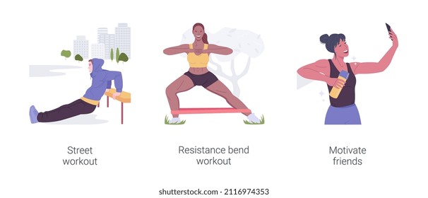 Fitness training isolated cartoon vector illustrations set. Street workout, resistance bend workout, motivate friends for healthy and active lifestyle, fitness elastic band vector cartoon.