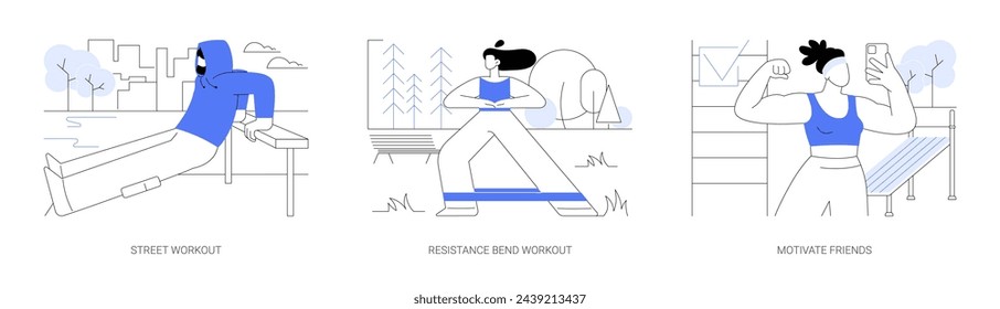 Fitness training isolated cartoon vector illustrations set. Street workout, resistance bend workout, motivate friends for healthy and active lifestyle, fitness elastic band vector cartoon.