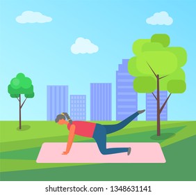 Fitness training and morning exercise, woman doing yoga in park on rug vector. Girl lifting legs on mat, outdoor workout and nature, city on horizon