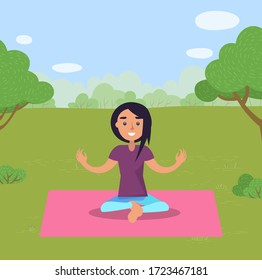 Fitness training and morning exercise, woman doing yoga in park on rug vector. Girl lin lotus position on mat, outdoor workout and nature, meadow in forest