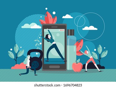 Fitness training with online coach vector flat illustration. Woman doing sport exercises together with fitness instructor on huge smartphone screen. Online personal sport trainer mobile application.