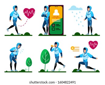 Fitness Training, Outdoor Physical Activities, Active Life Routines Trendy Flat Vector Isolated Concepts Set. Young Man in Tracksuit Doing Exercises, Planning Workout with Cellphone Illustrations