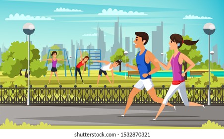 Fitness training outdoors flat vector illustration. Cartoon joggers with earphones running, listening to music in park. Young people training, doing exercises in city outdoor sports facilities