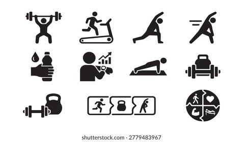 Fitness training and physical exercise icons with exercise training treadmill