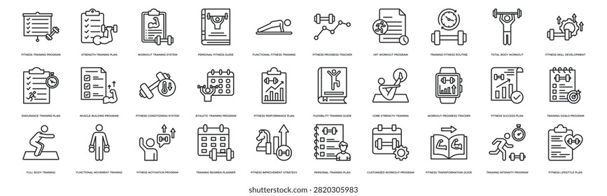 Fitness Training Program icon line illustration. Strength Training Plan, Workout Training System, Personal Fitness Guide, Functional Fitness Training and Fitness Progress Tracker