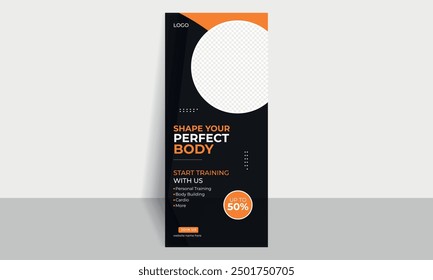 Fitness training rollup banner design template.