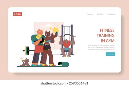 Fitness training scene featuring diverse animals in a gym setting. The illustration showcases camaraderie among gym-goers, emphasizing exercise routines, motivation, and the joy of working out