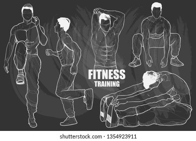 Fitness training set. chalk drawing style.