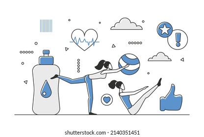 Fitness training and sport exercising. Physical activity aerobic program vector monocolor illustration