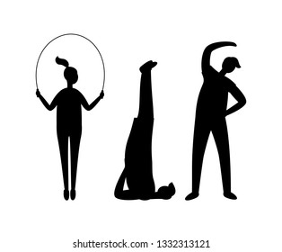 Fitness training and sport, people working out vector silhouettes. Jumping rope and candlestick exercise, bending over, men and women, healthy lifestyle