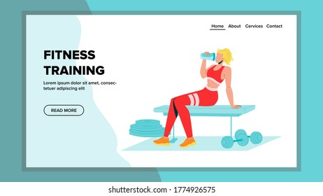 Fitness Training With Sport Tool In Gym Vector. Young Woman Drink Protein Cocktail From Shaker After Fitness Training. Sportive Girl Drinking Refreshment Beverage. Web Flat Cartoon Illustration