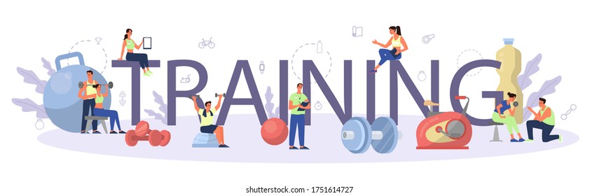 Fitness training typographic header concept. Workout in the gym with profession sportsman. Healthy and active lifestyle. Time for fitness. Flat vector illustration