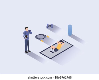 Fitness training vector 3D isometric concept: Personal trainer exercise with young woman doing sit ups