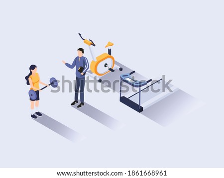Fitness training vector 3D isometric concept: Personal trainer exercise with young woman lifting weights
