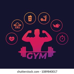 Fitness and training vector icons, gym and workout