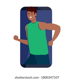 fitness, training and workout app, man practicing sport in smartphone, sport online vector illustration design