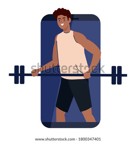 fitness, training and workout app, man afro with weight bar in smartphone, sport online vector illustration design