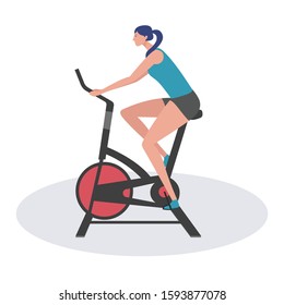 Fitness training and workout beauty girl ride exercise bike. Workout for health. Flat style exercise equipment vector illustration. Beauty woman do fitness exercises on white background