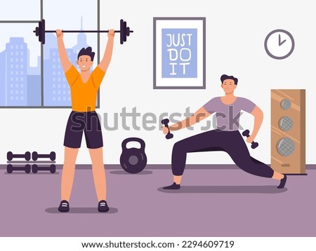 Fitness training workout and exercise in gym. Sport fitness gym exercise and training, vector illustration