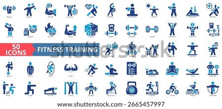 Fitness trainingicon set flat style collection. Containing workout, exercise, strength, endurance, cardio, flexibility, conditioning, mobility, recovery, hydration.