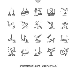 Fitness trx exercises. Workout. People doing exercise with suspension training. Healthy lifestyle. Trx plank. Pixel Perfect Vector Thin Line Icons. Simple Minimal Pictogram