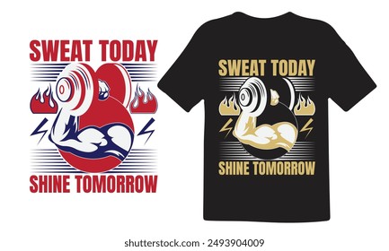 Diseño de camiseta de fitness, Paquete de diseño de camiseta de gimnasio, Diseño de camiseta de entrenamiento inspirador, Diseño de camiseta de fitness costoso, Sudor hoy brillo mañana, Vector para la camiseta.