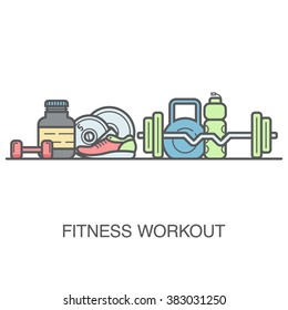 Fitness vector background with fitness equipment icons. Flat concept of gym banner or fitness advertisement.