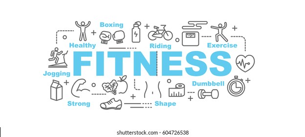 fitness vector banner design concept, flat style with thin line art icons on white background
