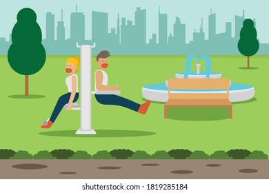 Fitness vector concept:  Young couple doing workout together on outdoor fitness equipment while wearing face mask at the park