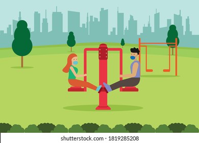 Fitness vector concept: Young couple exercising together in the park while wearing protective mask and enjoying new normal life after corona virus outbreak