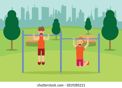 Fitness vector concept: Young couple doing workout together while wearing face mask after corona virus outbreak