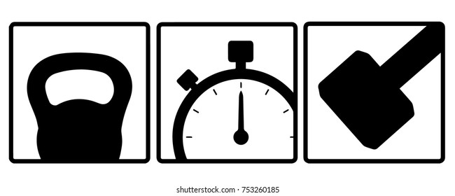 Fitness Vector Icon, Kettle Bell, Stopwatch, Barbell Vector