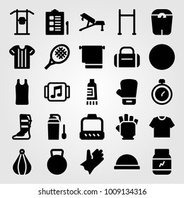 Fitness vector icon set. ball, shinpad, shirt and tennis racket