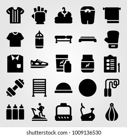 Fitness vector icon set. ball, bench, glove and checklist
