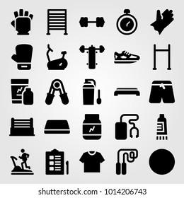 Fitness vector icon set. ball, gym bars, protein and chronometer