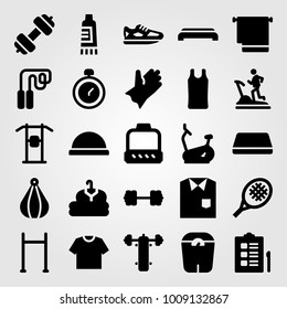 Fitness vector icon set. bench press, chronometer, bosu ball and scale