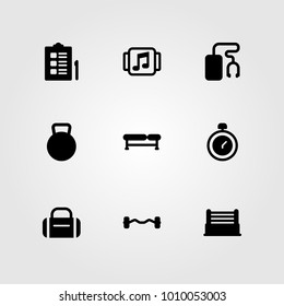 Fitness vector icon set. bench, biceps dumbbell, checklist and dumbbell