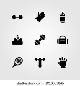 Fitness vector icon set. bench press, punching, punching bar and hammed