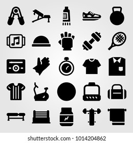 Fitness vector icon set. bench press, tennis racket, bosu ball and kettlebell