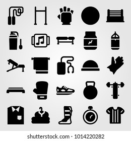 Fitness vector icon set. bench press, ball, running and shirt