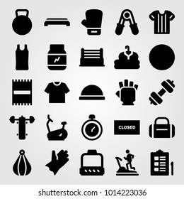 Fitness vector icon set. bench press, checklist, clothing and kettlebell
