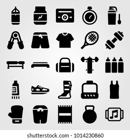 Fitness vector icon set. bench press, boxing glove, towel and beach towel