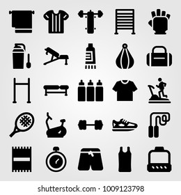 Fitness vector icon set. bike, punching ball, shoes and bench