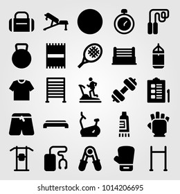 Fitness vector icon set. bike, shirt, checklist and sports pants