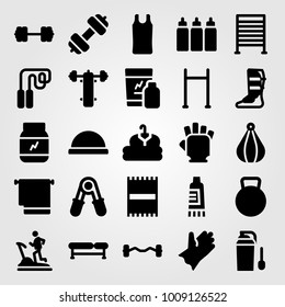 Fitness vector icon set. block, capsules, biceps dumbbell and shinpad