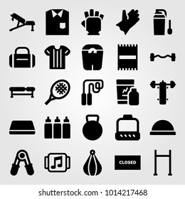 Fitness vector icon set. block, pull up, gym mat and biceps dumbbell