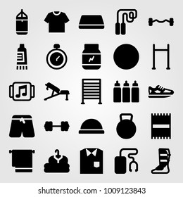 Fitness vector icon set. bosu ball, dumbbell, chronometer and running shoes