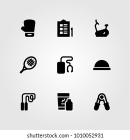 Fitness vector icon set. boxing glove, shakes, tennis racket and stationary bike