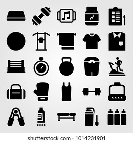 Fitness vector icon set. capsules, shirt, treadmill and block