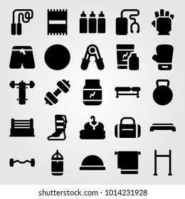 Fitness vector icon set. capsules, dumbbell, sports pants and shakes